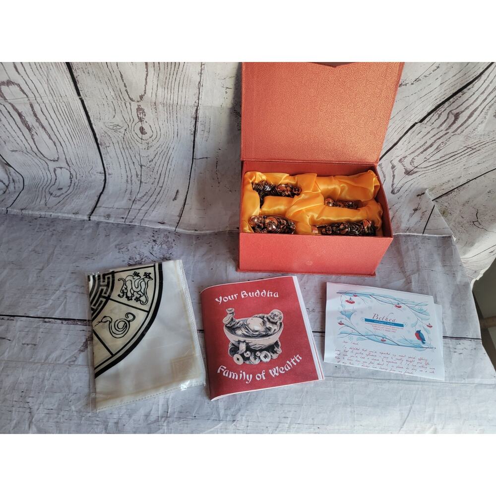 Box Set of 4 Wealth Buddha Figurines with Bao Loc Silk Chinese Calendar Scarf